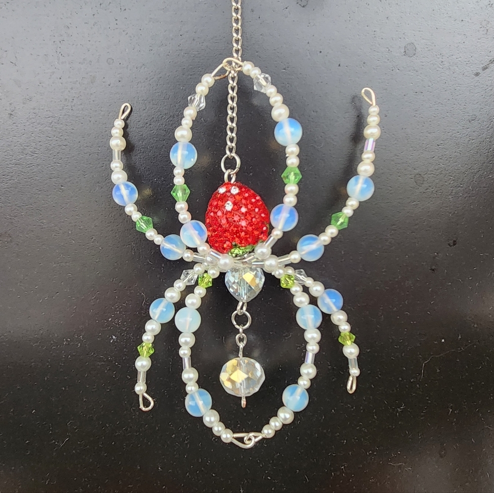Strawberry Spider Hanging Suncatcher Ornament Beaded Whimsigoth Handmade